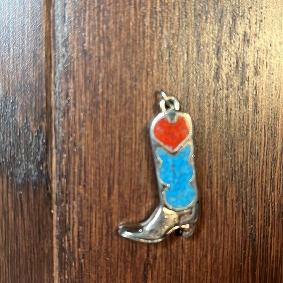 Vintage Silver cowgirl boot charm pendant with turquoise coral inlay - Picture 3 of 3